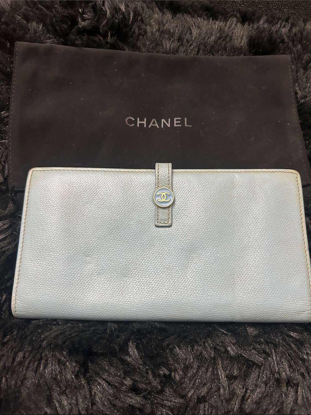 Chanel Coco Button snap long light blue leather wallet